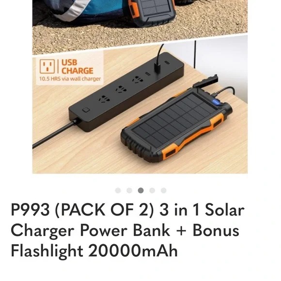 P993 (PACK OF 2) 3 in 1 Solar Charger Power Bank + Bonus Flashlight 20000mAh - Picture 2 of 3
